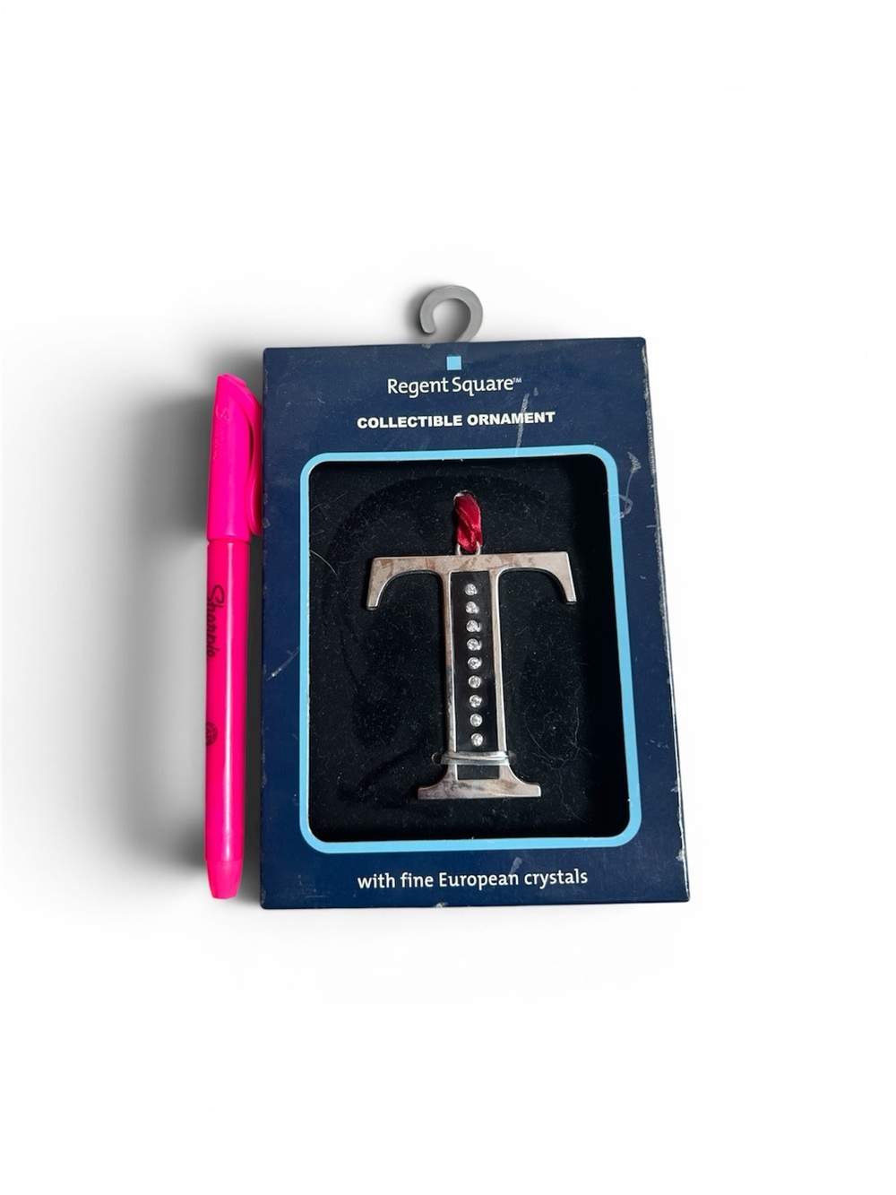 Silver 'T' Initial Holiday Ornament with Crystals